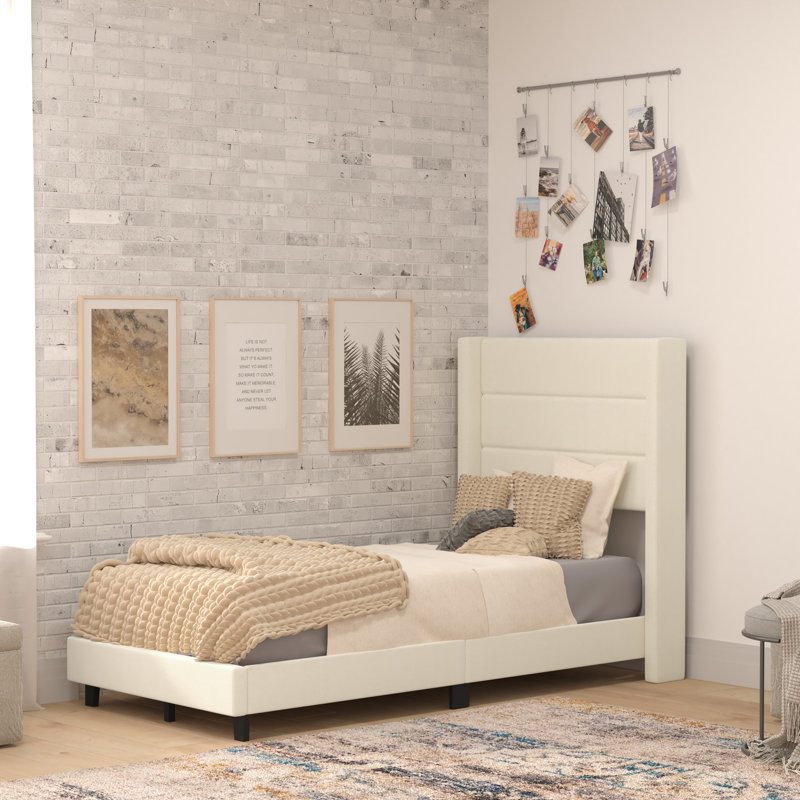 Lit plateforme tapissier avec tête de lit à oreilles et sommier à lattes, Simple, Beige