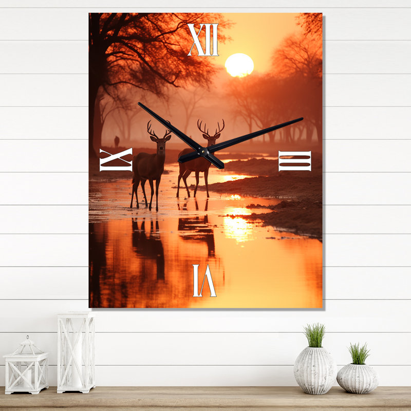 Deux cerfs au coucher du soleil, photographie de nature - animaux, horloge murale moderne, Petit