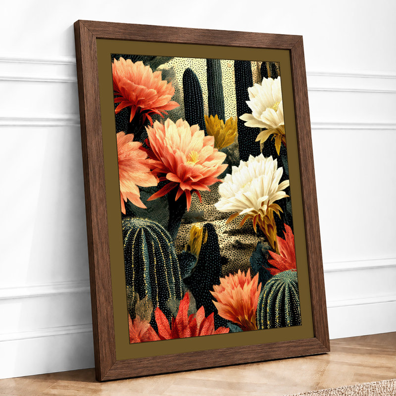 Flowering Cacti Botanical 1 Piece Single Picture Frame Wall Art, A4 - 29.7 x 21.0 cm, Walnut