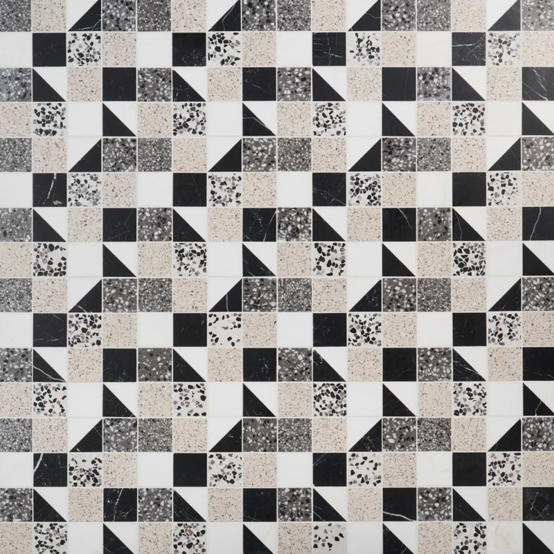 Elizabeth Sutton Artem 3x3 Polished and Honed Marble and Terrazzo Mosaic Tile, Pica Black;White