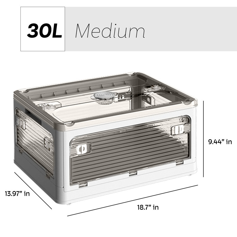 Boîte de rangement pliable, 5 ouvertures latérales empilables avec couvercle, roues, loquets de sécurité, poignées, 32 qts.