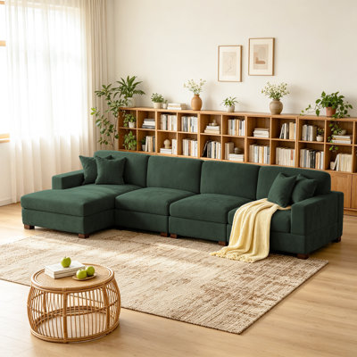 4 - Piece Upholstered Green Chenille Modular Sectional Sofa with Armrests & Throw Pillows