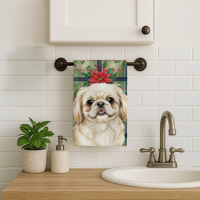 Cream Pekingese Christmas PoinsettIas Kitchen Towel, Cream Pekingese