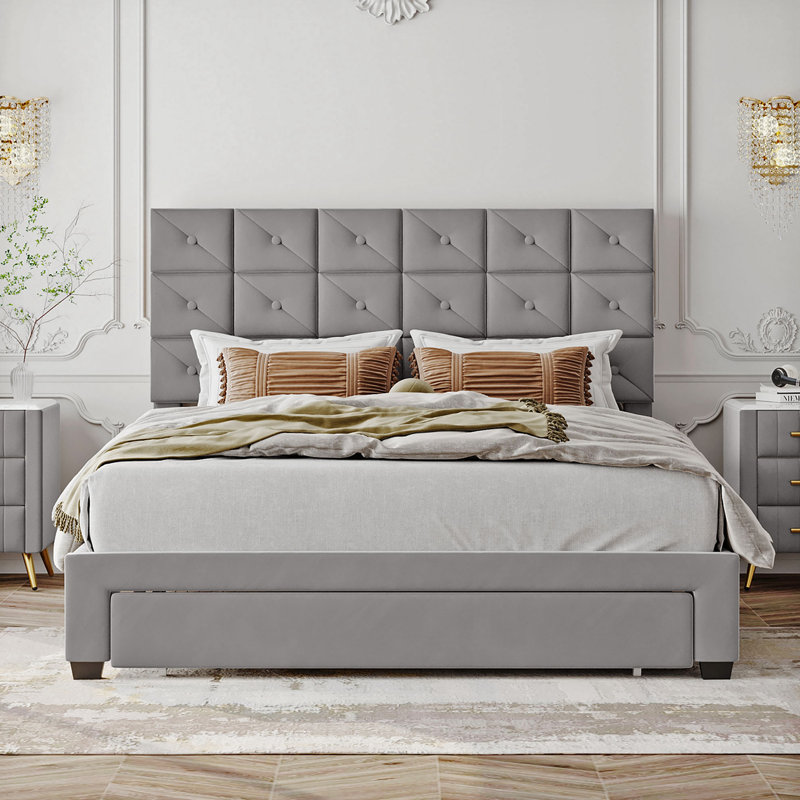 Grand lit plateforme capitonné avec rangement, Gris