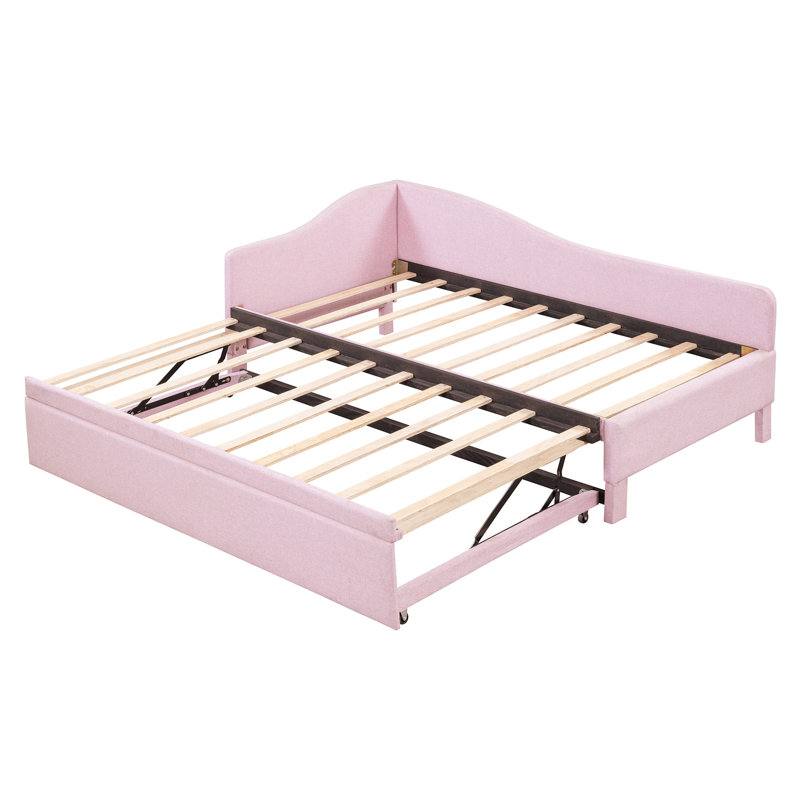 Twin Size Upholstered L-Shaped Upholstered Daybed with Pop Up Trundle, Pink