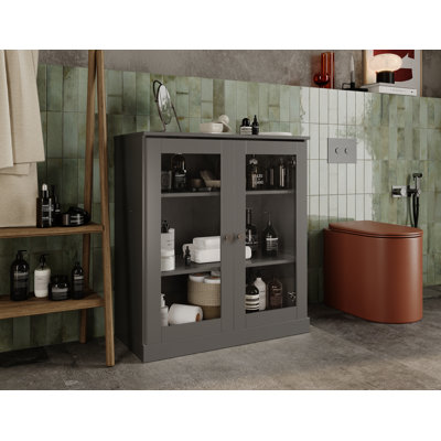 100% Solid Wood 32" Bathroom Cabinet with Clear Glass Doors and Adjustable Shelves