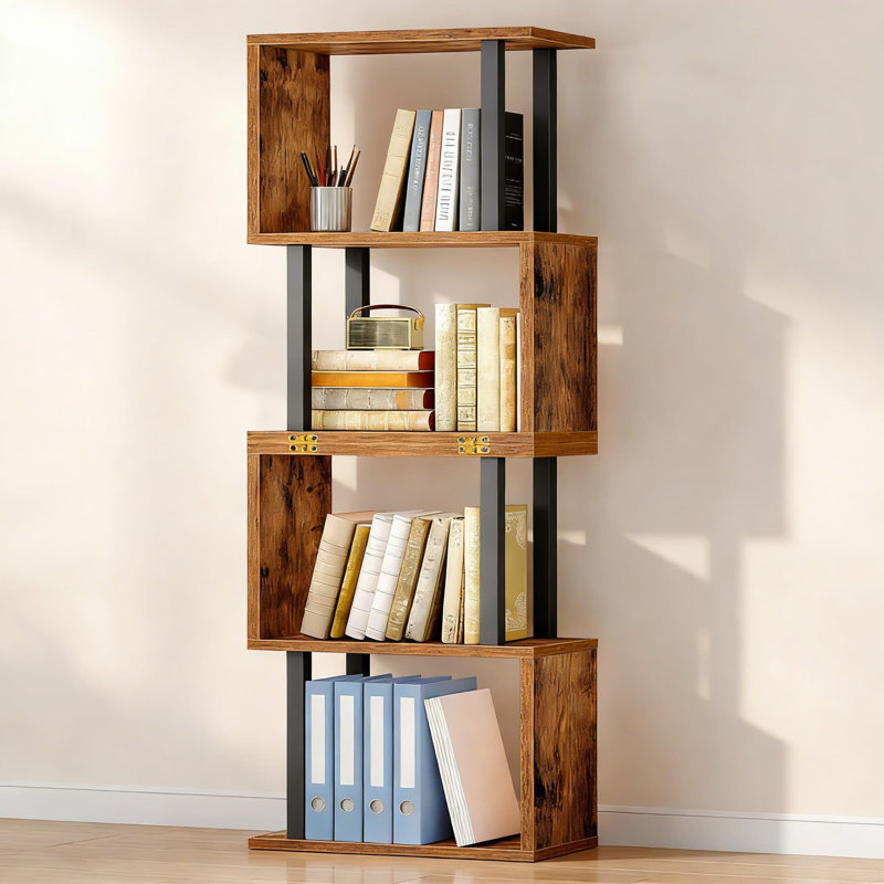 Bibliothèque en forme de S à 5 niveaux, bibliothèque géométrique moderne avec design pliable, étagère de présentation industrielle pour le bureau à domicile et le rangement du salon