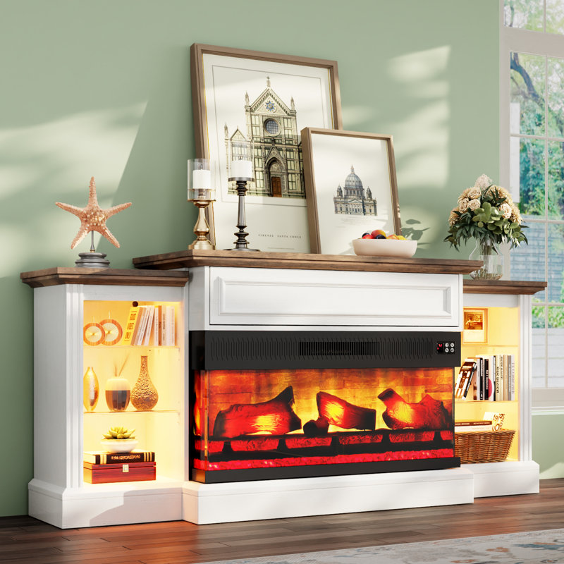 Alvilda 3-Sided Fireplace TV Stand with Adjustable Shelves & LED Light, White, 70"