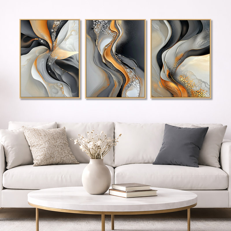 Impression sur toile abstraite fractale dorée et grise, Cadre flottant en bois naturel, H 32 po x l 72 po