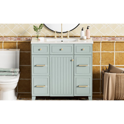 Armoire de salle de bain, structure en bois massif, lavabo en céramique, 3 tiroirs, fermeture en douceur, tablette réglable, meuble-lavabo avec