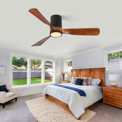 Led Indoor/Outdoor Flush Mount Matte Black Ceiling Fan With Wood Blades, 6-Speed Dc Remote Control