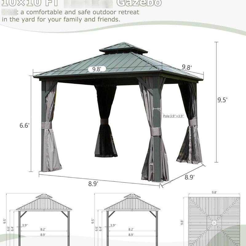 Gazebo de 3 m (10 pi) en métal avec toit double pour patio, cour arrière, terrasse, pelouse - Happy Materials Activity