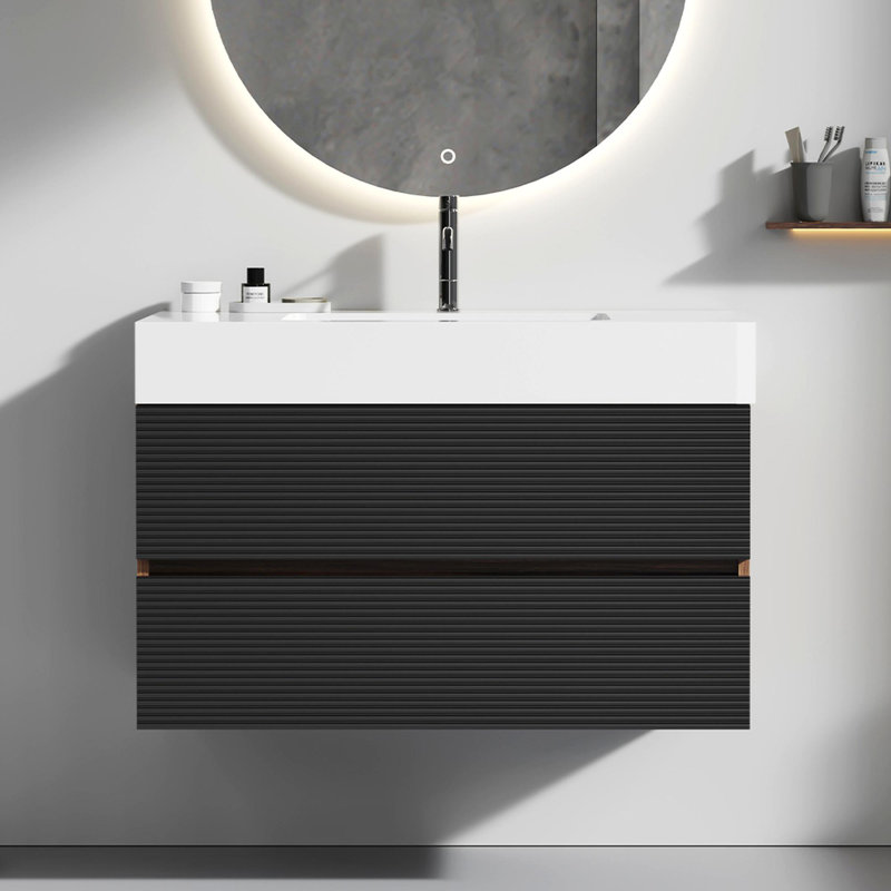 Meuble-lavabo 36 po en noyer avec lavabo à quartz d'ingénierie et tiroirs noirs doux, meuble-lavabo mural flottant pour salle de bain moderne, lavabo une pièce, KD