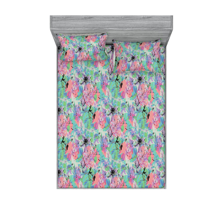 Ambesonne Fitted Sheet & Shams 3 Pcs Retro Botany Exotic Leaves Calking Pale Rust Seafoam Emerald