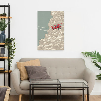 Red Biplane Clouds Retro Vintage Abstract Landscape Nature Wall Art