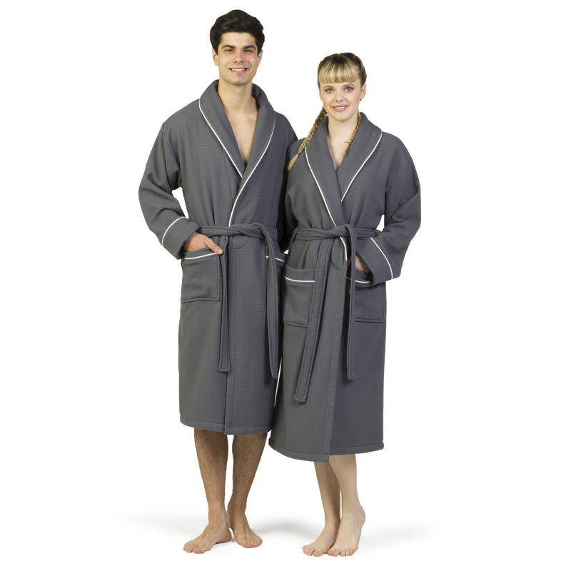 Gender Neutral Mid-Calf Bathrobe with Pockets, Dark Gray/White, L
