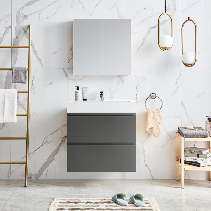Meuble-lavabo simple mural 24 po avec surface solide 24 po, gris, Blanc