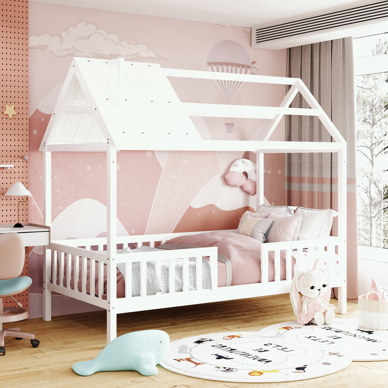 Lit simple en bois avec clôture, Blanc