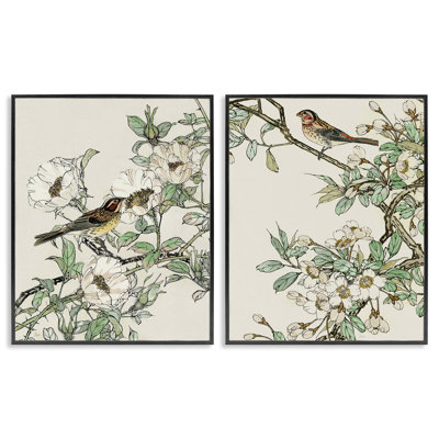 A2-655-Framed " Classic Sparrow On Blossoms " by Nan 2 - Pieces