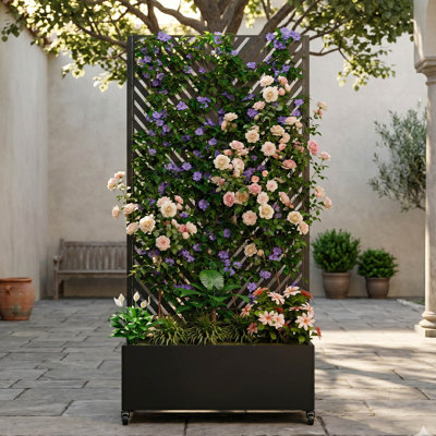 Metal Raised Garden Bed with Trellis, Rolling Planter Box with Privacy Screen and Drainage Holes