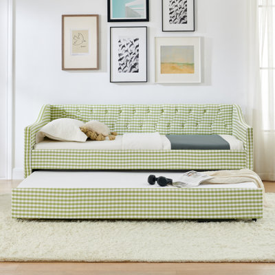 Lit de jour simple, lit de jour convertible rembourré avec dossier capitonné, canapé-lit polyvalent 3 en 1 avec lit gigogne escamotable et rangement latéral, parfait pour un espace de vie compact - vert