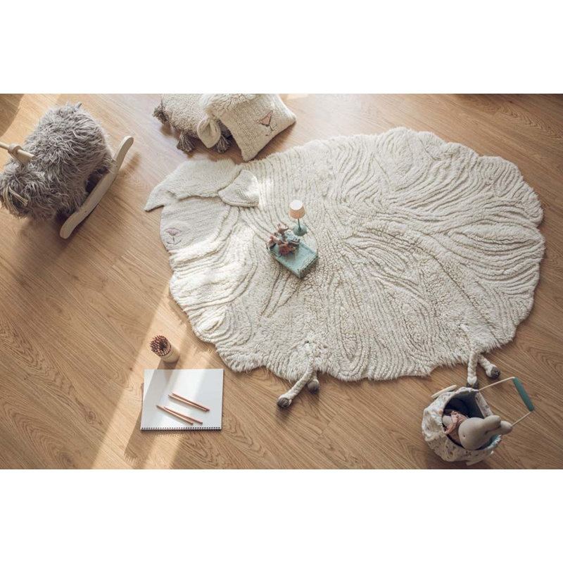 Pink Nose Sheep Hand Tufted Wool Area Rug in Sheep White