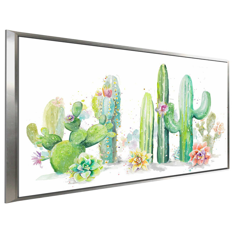 Jardin de cactus - reproduction sur toile, Cadre flottant argent, H 27,5 po x l 43,5 po x P 2 po