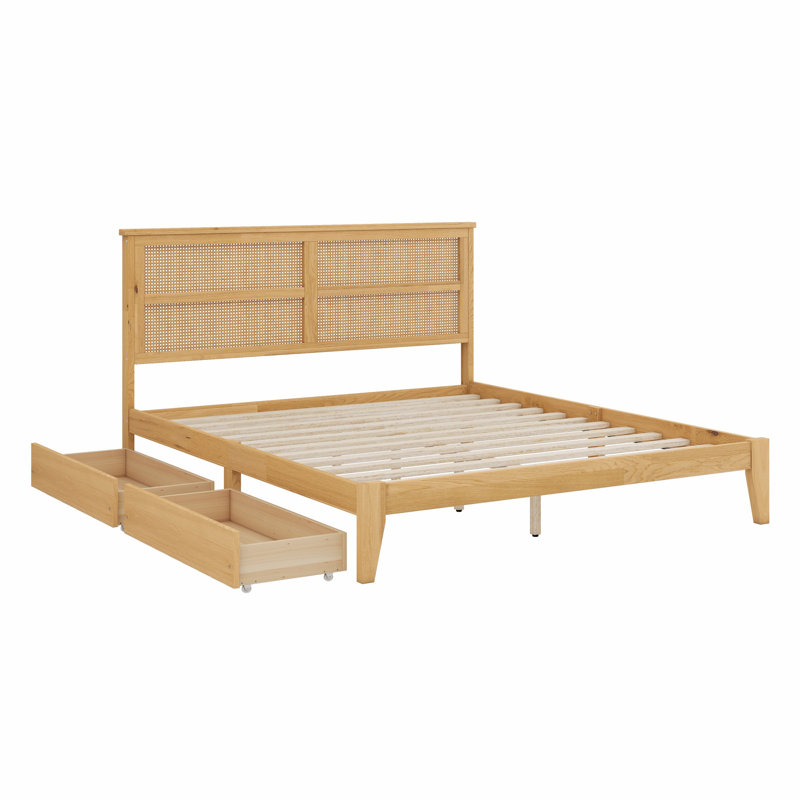 Lit avec tête de lit en rotin, tiroirs de rangement, supports et pieds de soutien améliorés, Chêne blanc
