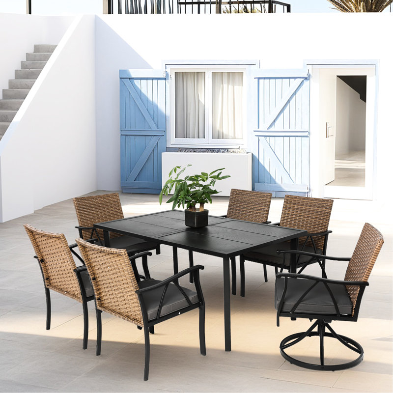 Mobilier de patio extérieur 7 pièces, table en acier avec pieds réglables, chaises, pièce brun / gris, chaises modernes et table en acier, brun / gris