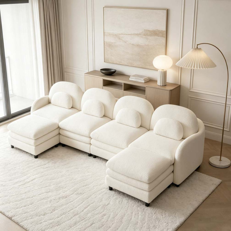 Canapé en tissu Teddy Cloud, dossier incurvé et accoudoirs avec coussins lombaires, Beige White+4Seat+2Ottoman