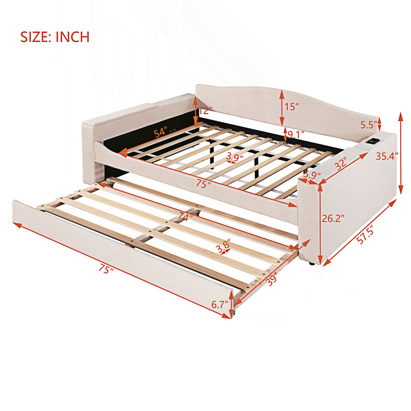 Full Size Upholstered Daybed With Storage Armrests, Trundle And Latest Integrated Bluetooth Audio System, Day Bed, Beige