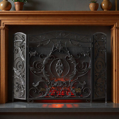3-Panel Iron Metallic Finish Fireplace Screen with Subtle Camelback Silhouette, Fireplace Cover with Ornate Scrolling and Floral Accents