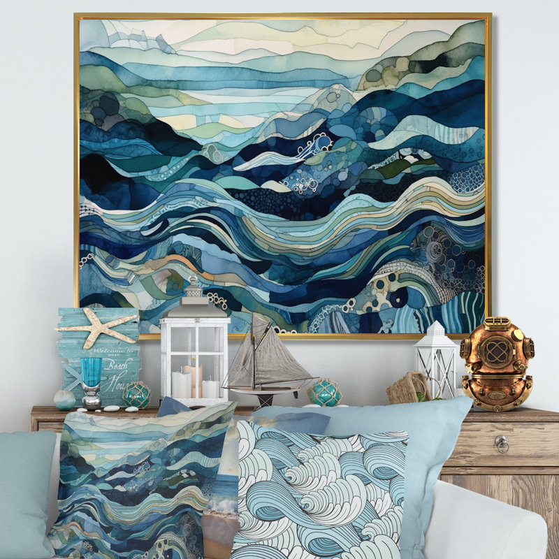 Vagues bleues dorées sur toile, H 16 po x l 32 po x P 1 po, Cadre flottant doré