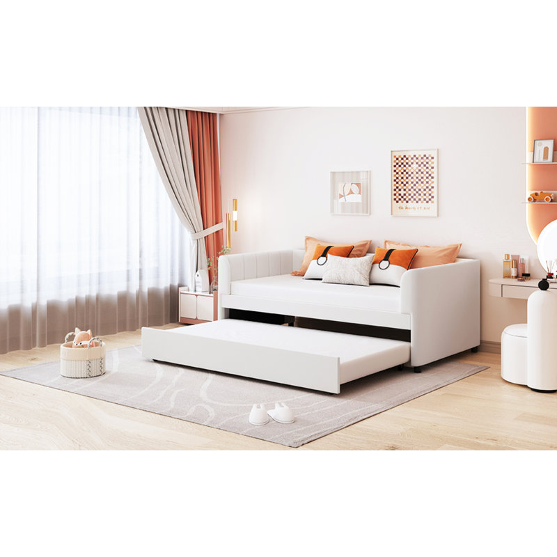 Lit de jour simple rembourré avec dossier ergonomique et gigogne, beige