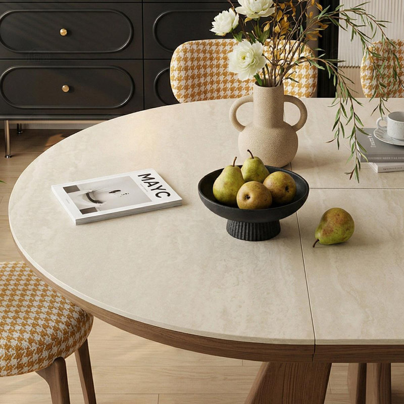 Table de salle à manger beige et brun en noyer fritté rond + bois massif, 29.53"H×39.37"L×39.37"W