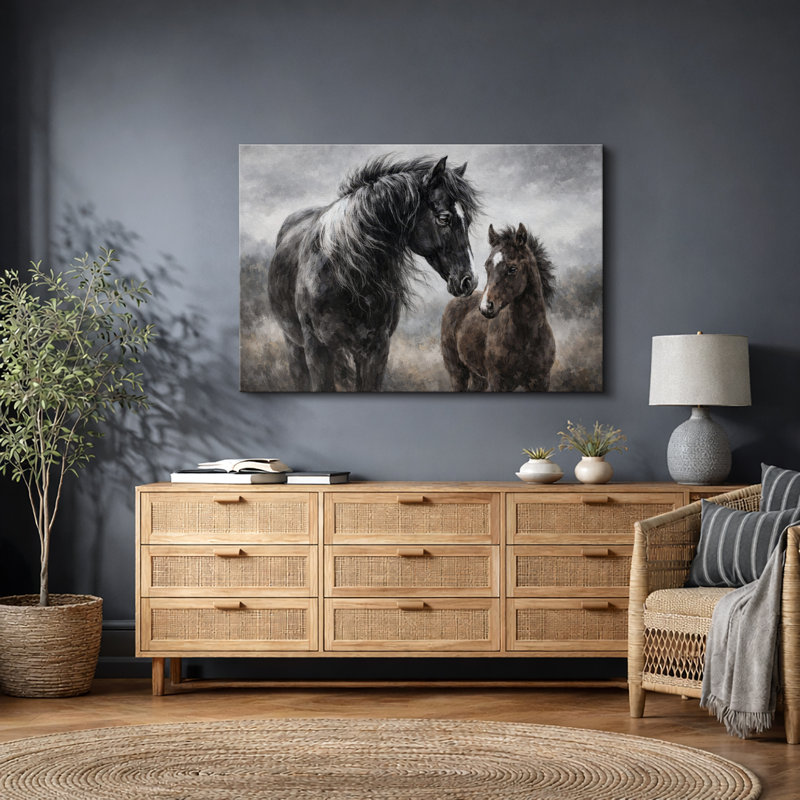 Illustration de chevaux sauvages, mère et poulain dans la nature, impression sur toile encadrée, H 32 po x l 48 po x P 1,5 po