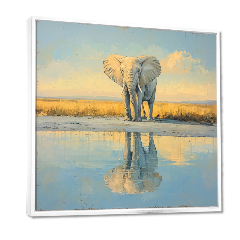 Halpin éléphant au bord de l'eau d'Afrique III - éléphant, art mural, Impression encadrée flottante, H 16 po x l 16 po, Blanc