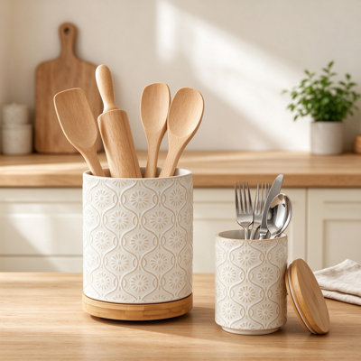 Ensemble de porte-ustensiles en céramique pour comptoir, pot à ustensiles de cuisine rotatif avec couvercle en bambou, organisateur de rangement rétro en relief