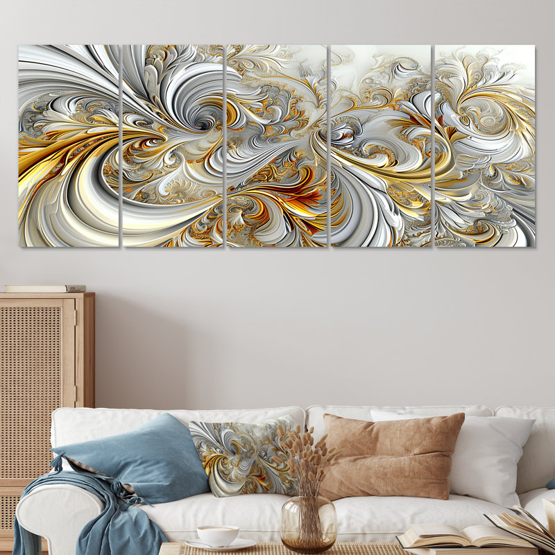 «Whirling River Dynamics Gold and White I - Abstract Spirals», art mural sur toile 5 pièces, H 32 po x l 80 po