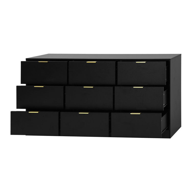 Commode 9 tiroirs noire, grande commode profonde de 63 po, commode en bois avec 9 tiroirs pour la chambre à coucher, commodes longues pour le salon, couloir