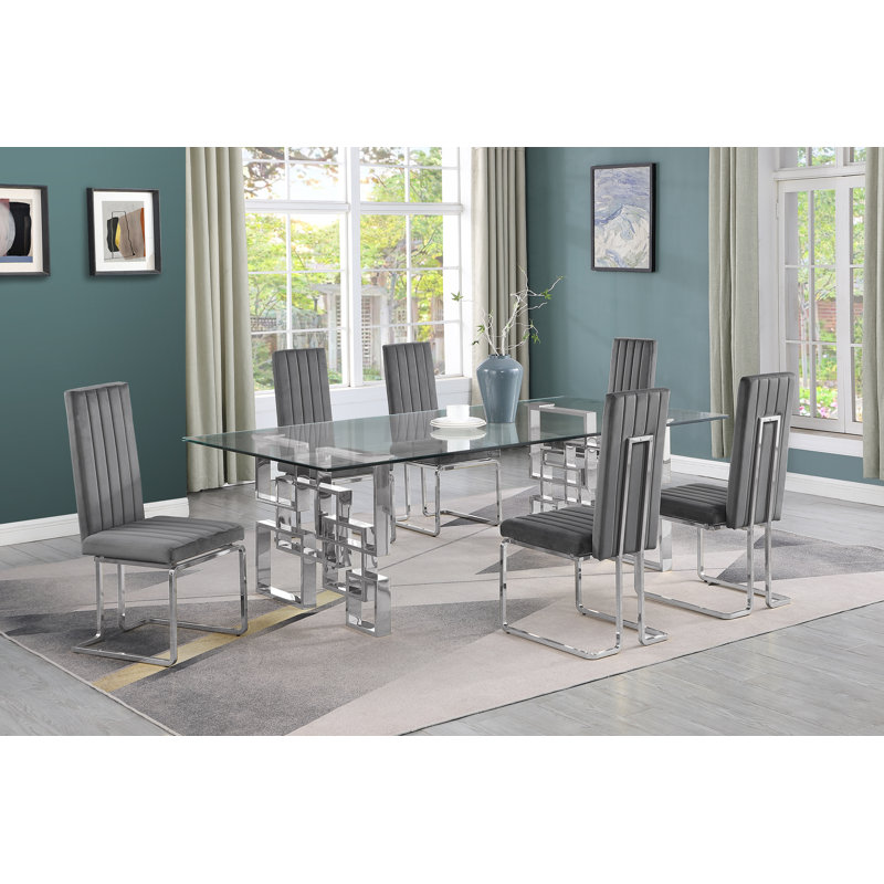 Ensemble de salle à manger en verre trempé transparent de 94 po x 46 po avec chaises en velours Hornick, 7, Argent