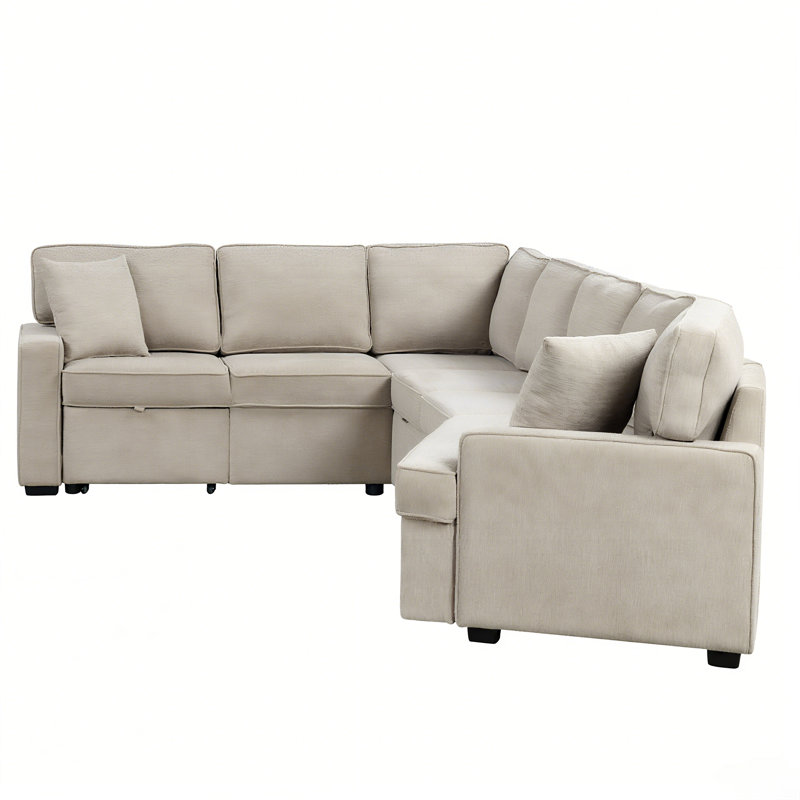 126" L-Shaped Sofa Sectional Sofa Couch Pull Out Sofa Bed With Charging Devices And Cup Holders For Living Room, Beige
