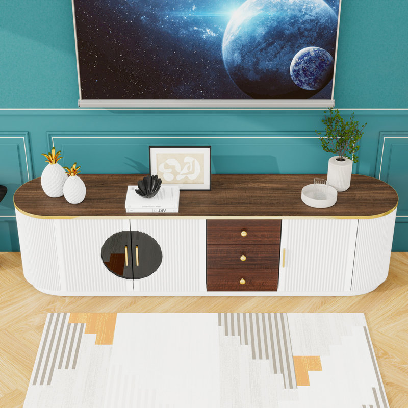 Meuble télé en bois avec 3 tiroirs, armoires, tablettes, panneaux de verre et gestion des câbles, Blanc