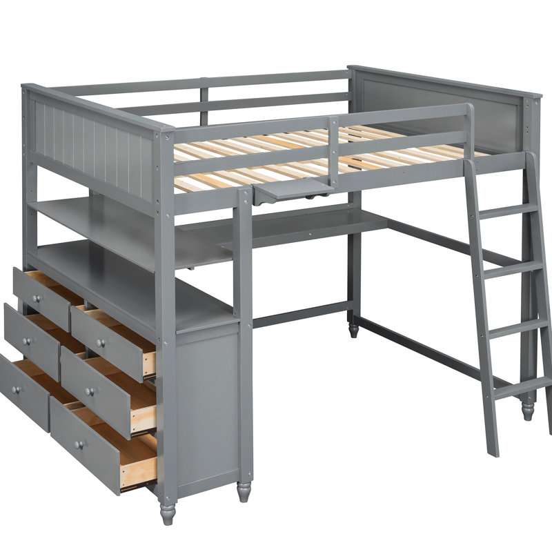 Lit mezzanine pleine grandeur gris, fabriqué en bois massif, avec tiroirs, bureau et tablettes pratiques. Maximisez l'efficacité de l'espace. Fabriqué sans sommier. Repos confortable. H 69,4 po