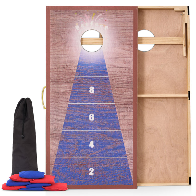 Jeu de Cornhole portable de 120 x 60 cm avec 8 sacs de sable et sac de transport, planches double couche en pin massif, impression UV, idéal pour jouer en famille dans le jardin, à la plage ou en camping.