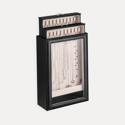 Necklace Organizer With Glass Lid，2-Layer Jewelry Storage Boxes with Clear Lid, Tangle-Free Necklace Display Case - Black