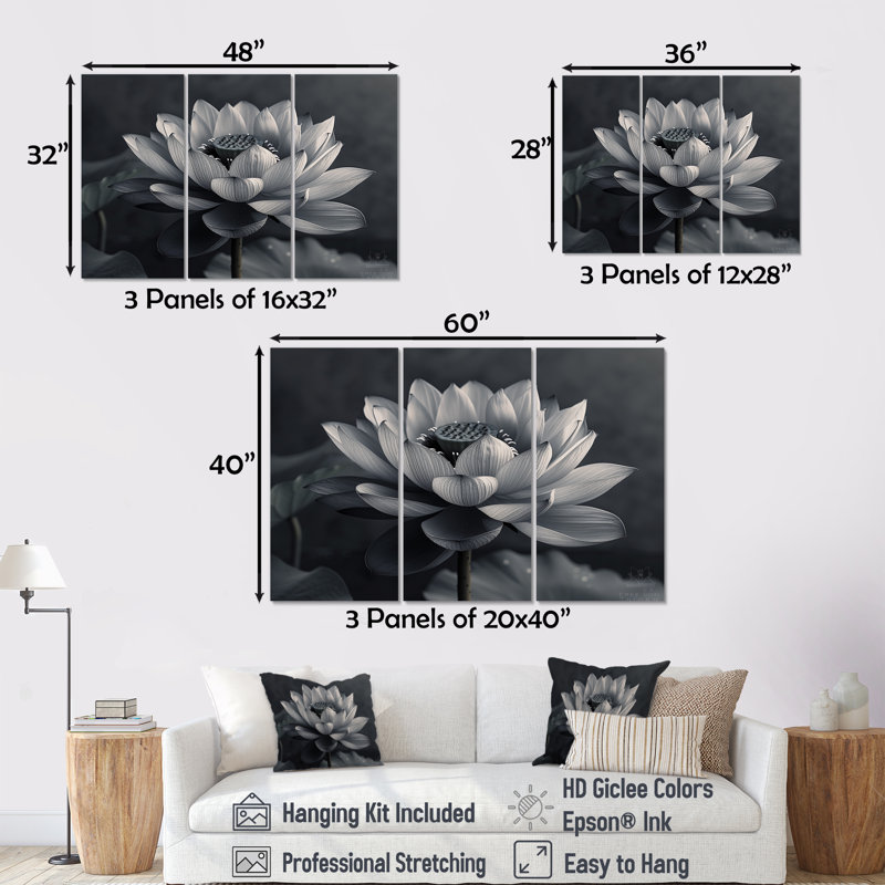 Ensemble de salon gris Lotus Photo Elegant Silhouette III - Lotus Wall Art, H 28 po x l 36 po x P 1 po