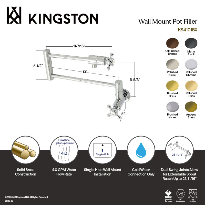 Kingston Brass Manhattan Two-Handle 1-Hole Wall Mount Pot Filler Faucet, Matte Black, Knob/Round Cross Handle