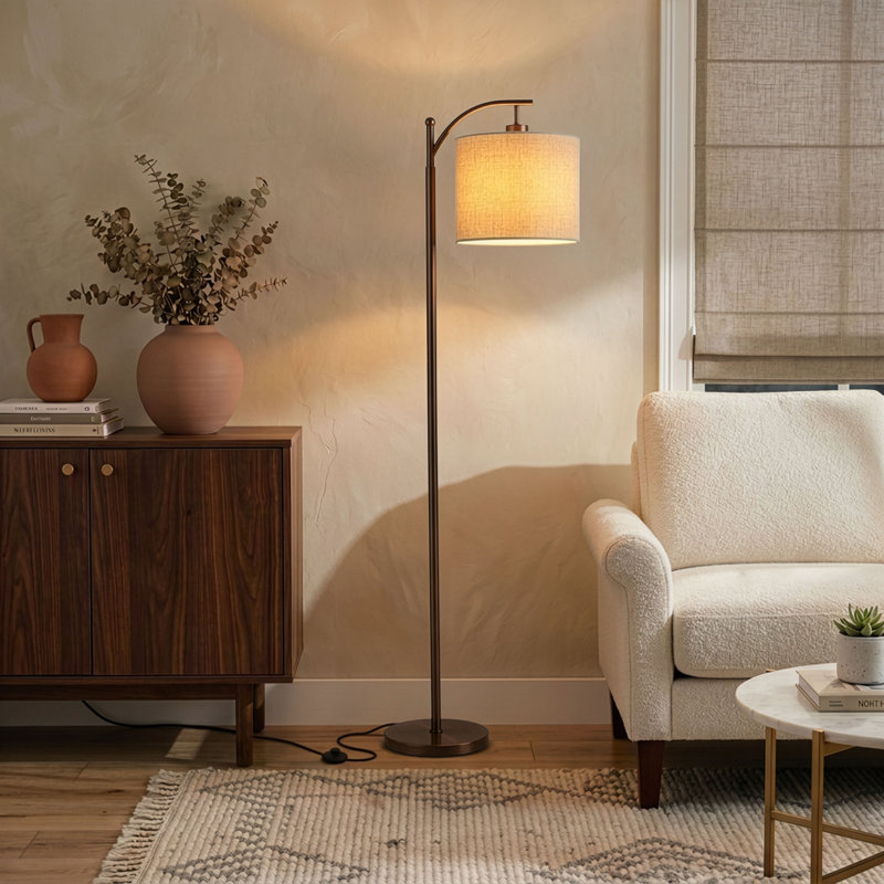 Montage 62" Traditional LED Arched Floor Lamp with Brown Finish and White Fabric Drum Shade, Bulb Included, Brown