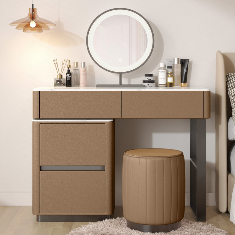 Edorta 55.1" W Marble and Solid Wood Makeup Vanity Set, Brown